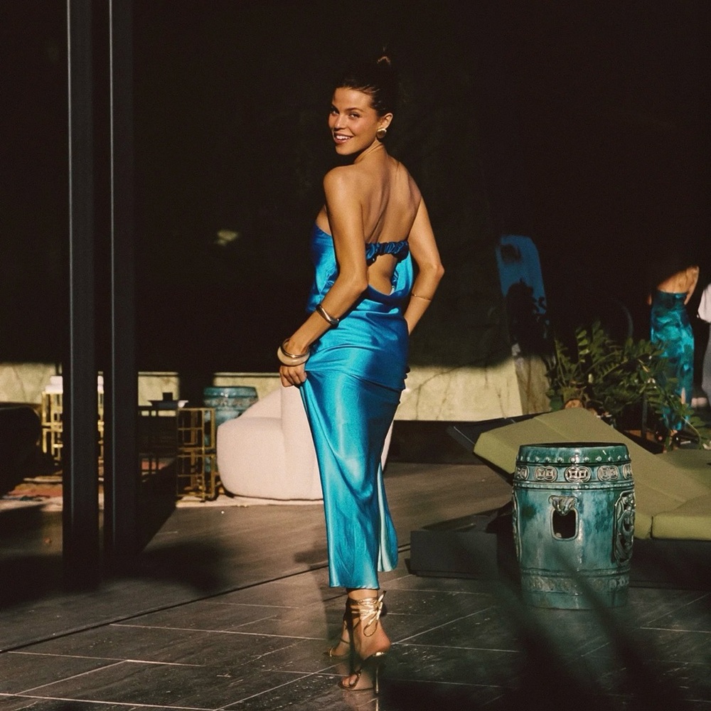 12th Tribe Strapless Satin Gown in Turquoise Blue - Picture 2 of 7